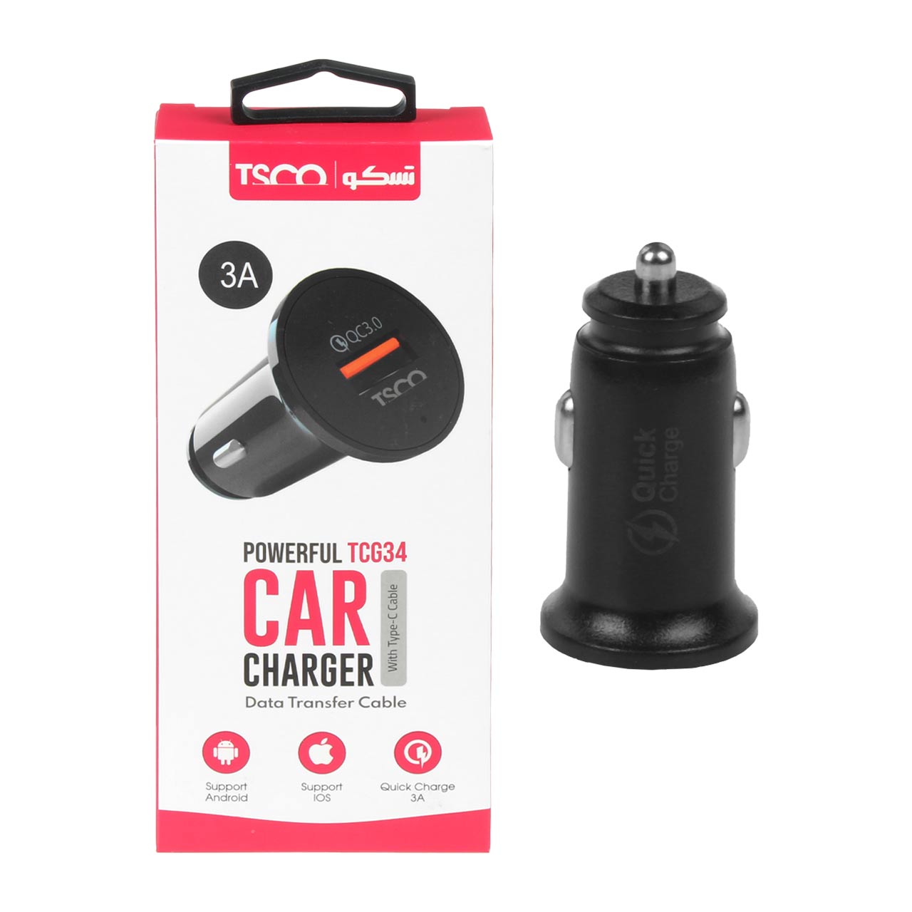 شارژر فندکی تک پورت تسکو TCG 34 همراه با کابل شارژ TYPE-C - مشکی