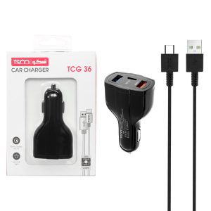 شارژر فندکی 33W فست سه پورت تسکو مدل TCG 36 به همراه کابل شارژ Type-C - مشکی