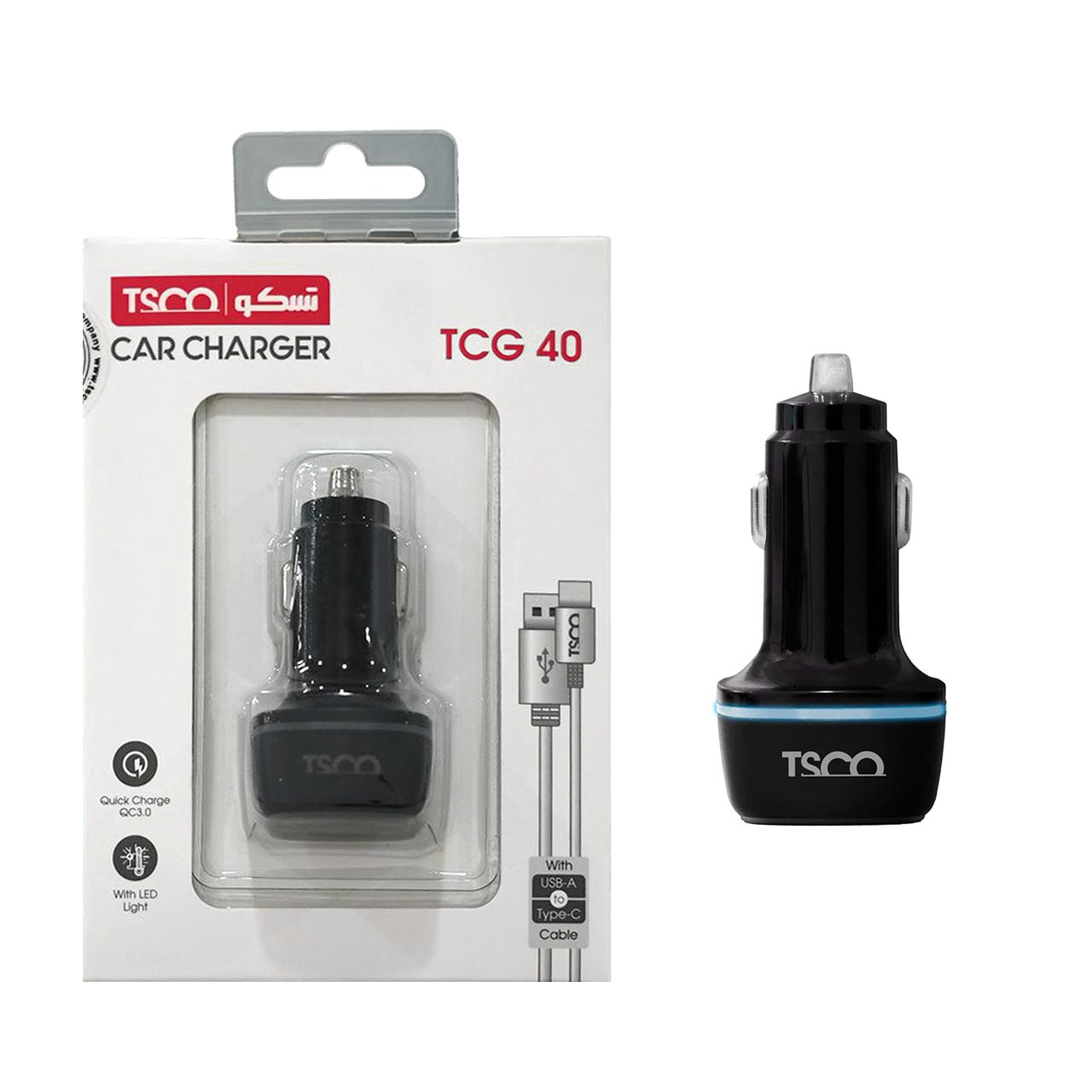 شارژر فندکی 30W فست دو پورت تسکو مدل TCG 40 به همراه کابل شارژ Type-C - مشکی